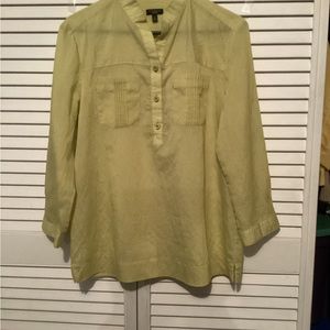 Talbots ladies charteuse long sleeve half button striped blouse, size medium
